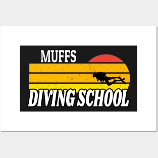 We Go Down With Confidence Muffs Diving School - Retro Sunset Diving Lover Gift Posters and Art